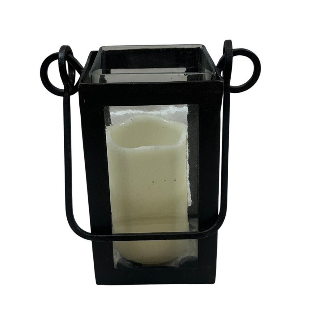 Black Wrought Metal Lantern Textured Glass Insert Industrial Farmhouse Decor 8in